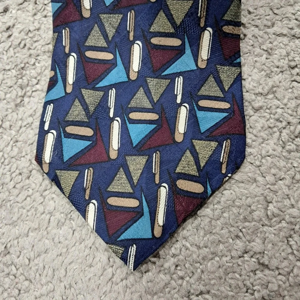 Martin Wong Napa Silk Tie Navy Blue Burgundy Geometric‎ Abstract Made in USA